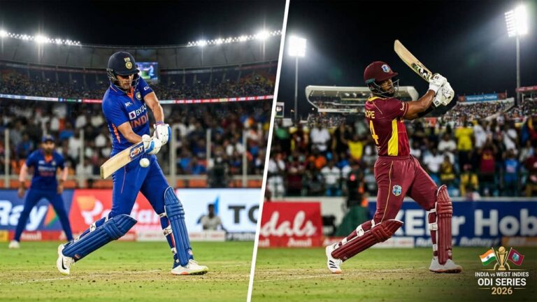 India and West Indies cricket players in action during a white-ball match