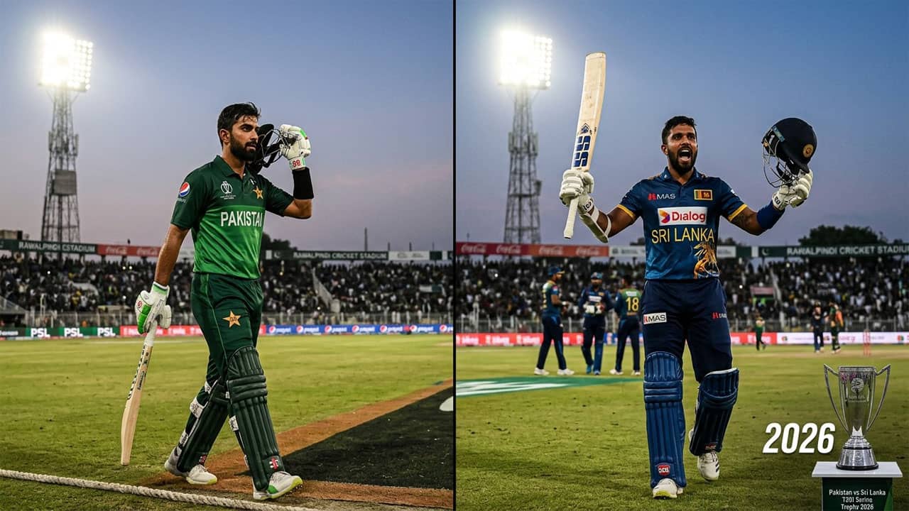 Pakistan and Sri Lanka cricket players during a Test match at Rawalpindi Cricket Stadium